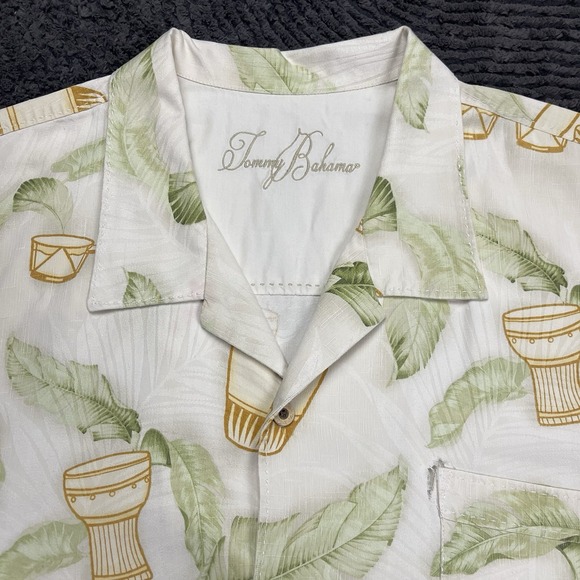 Tommy Bahama Silk Shirt XXL White Green Leaf Drums Glasses Print Hawaiian Camp - Picture 1 of 6